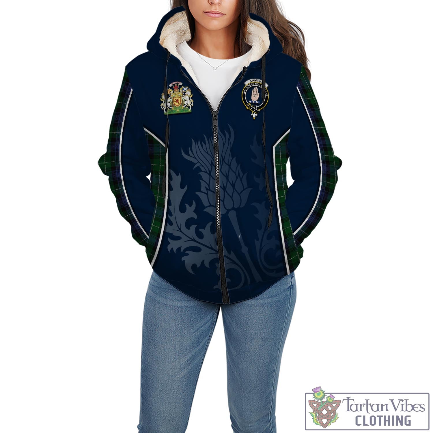 Tartan Vibes Clothing Lamont #2 Tartan Sherpa Hoodie with Family Crest and Scottish Thistle Vibes Sport Style