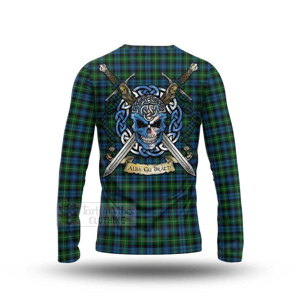 Tartan Vibes Clothing Lamont Tartan Long Sleeve T-Shirt with Family Crest Celtic Skull Style
