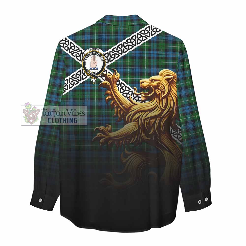 Tartan Vibes Clothing Lamont Crest Tartan Women's Casual Shirt with Golden Lion Emblem Celtic Style