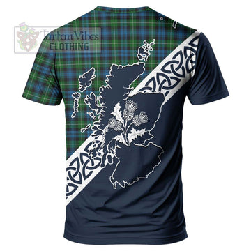 Lamont Tartan T-Shirt Featuring Thistle and Scotland Map