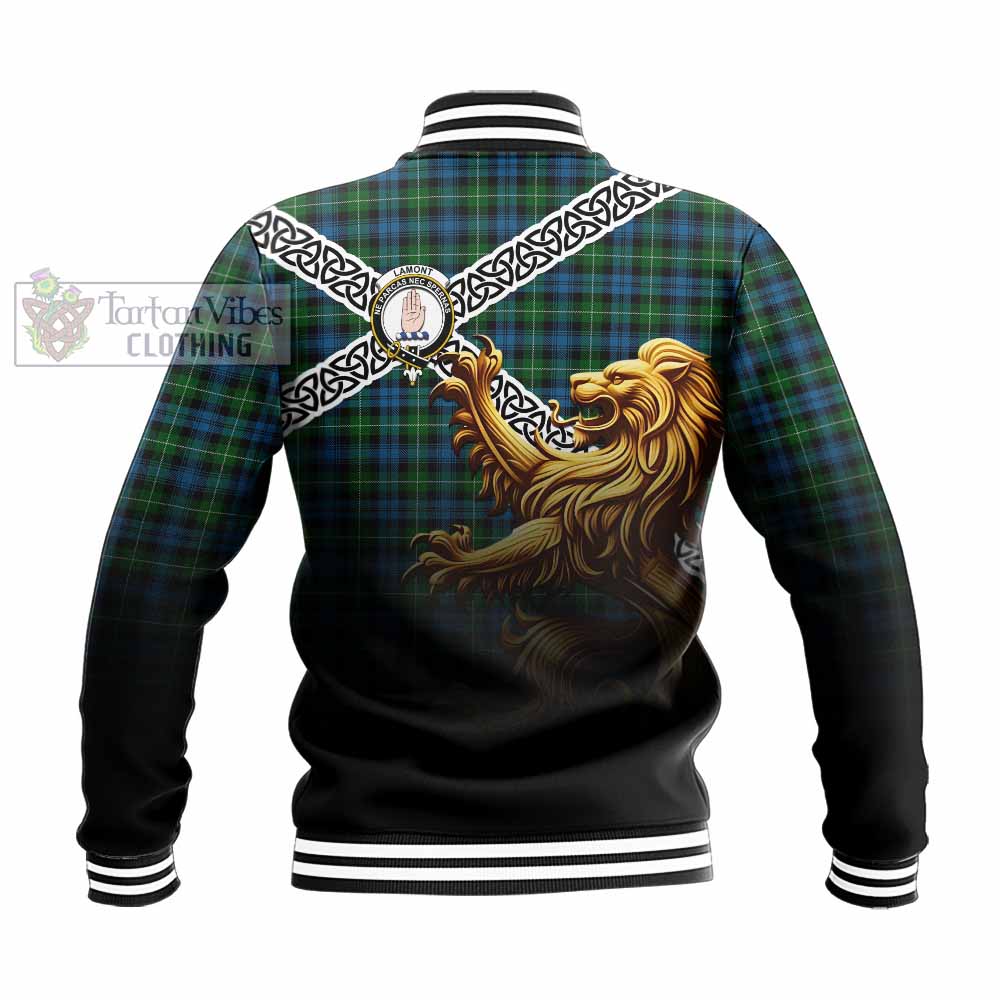 Tartan Vibes Clothing Lamont Crest Tartan Baseball Jacket with Golden Lion Emblem Celtic Style