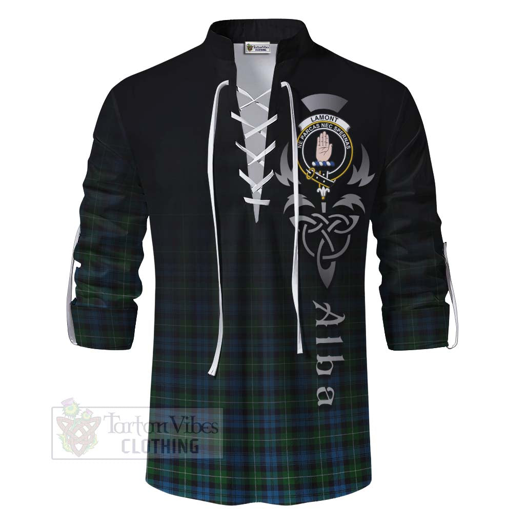 Tartan Vibes Clothing Lamont Tartan Ghillie Kilt Shirt Featuring Alba Gu Brath Family Crest Celtic Inspired