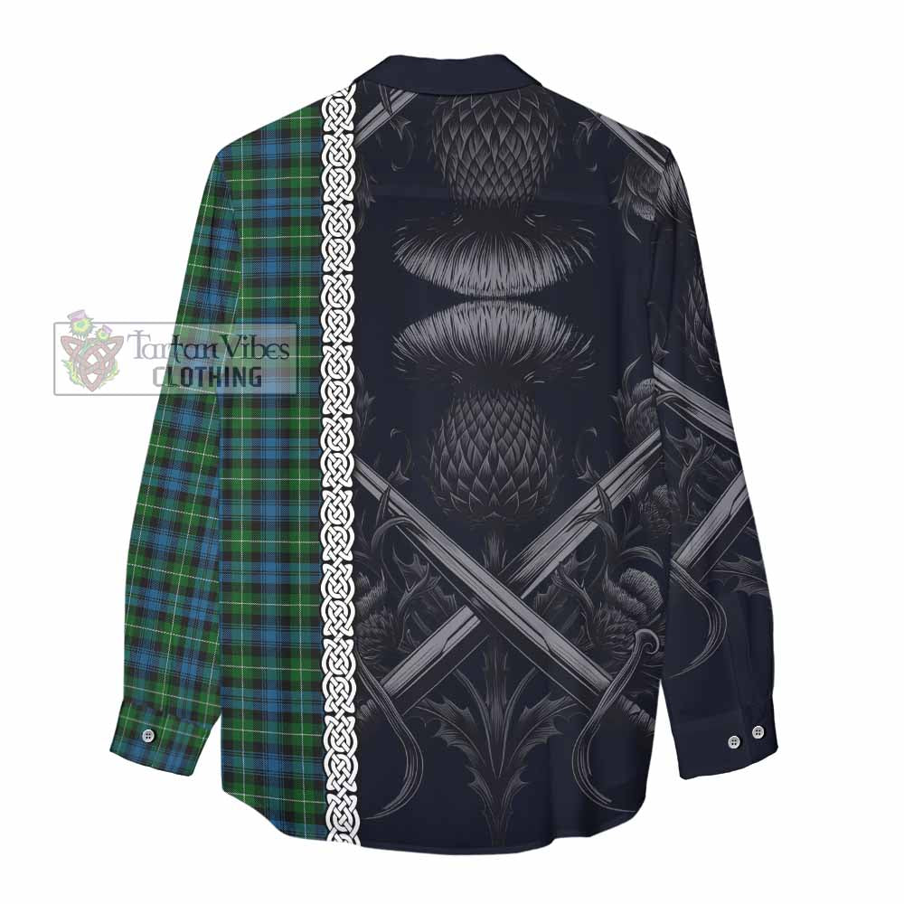 Tartan Vibes Clothing Lamont Tartan Women's Casual Shirt with Family Crest Cross Sword Thistle Celtic Vibes