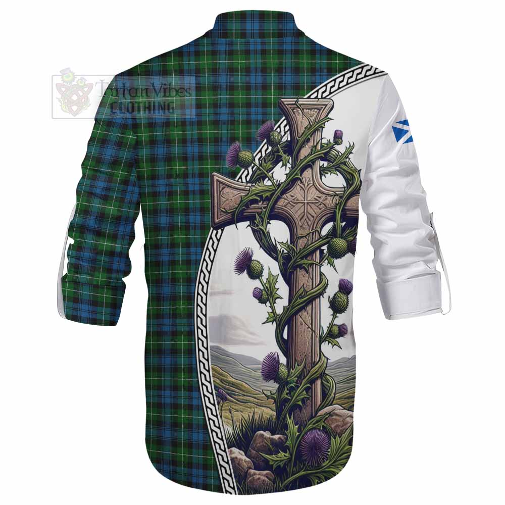 Tartan Vibes Clothing Lamont Tartan Ghillie Kilt Shirt with Family Crest and St. Andrew's Cross Accented by Thistle Vines
