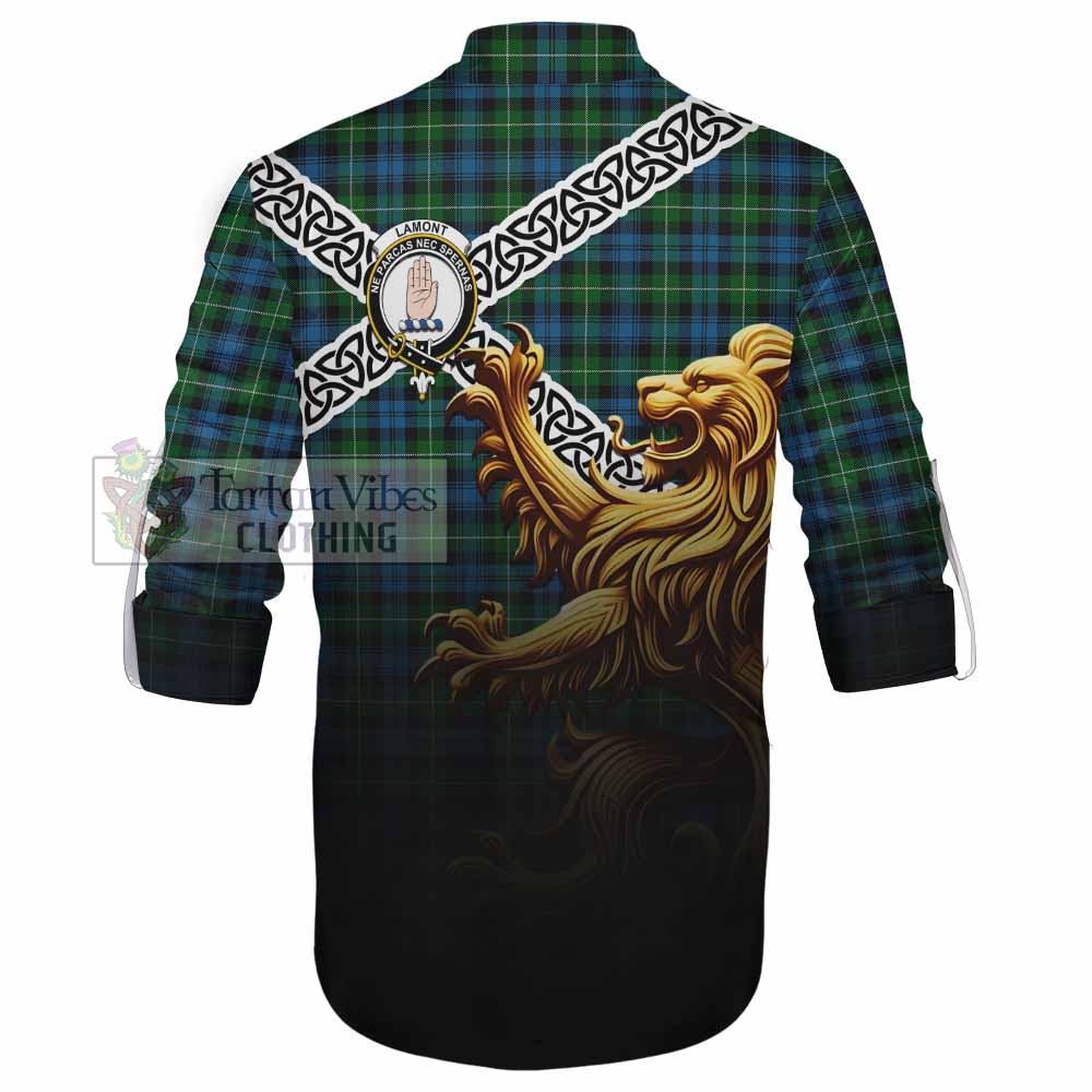 Tartan Vibes Clothing Lamont Crest Tartan Ghillie Kilt Shirt with Golden Lion Emblem Celtic Style