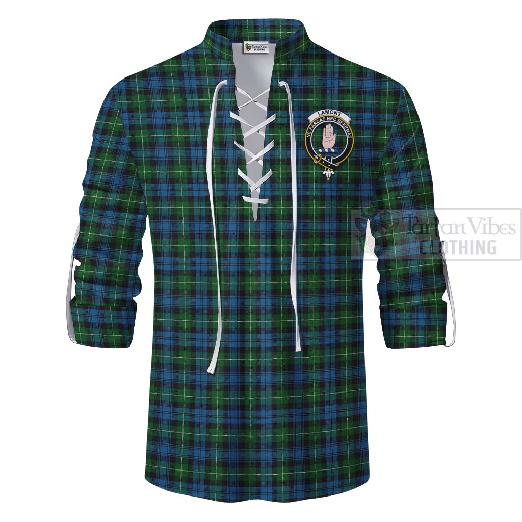 Tartan Vibes Clothing Lamont Tartan Ghillie Kilt Shirt with Family Crest Celtic Skull Style