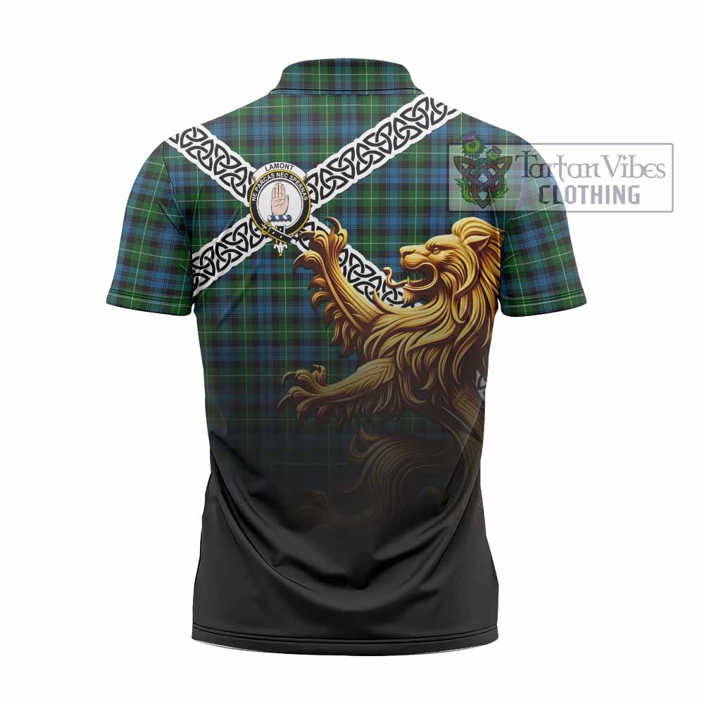 Tartan Vibes Clothing Lamont Crest Tartan Zipper Polo Shirt with Golden Lion Emblem Celtic Style