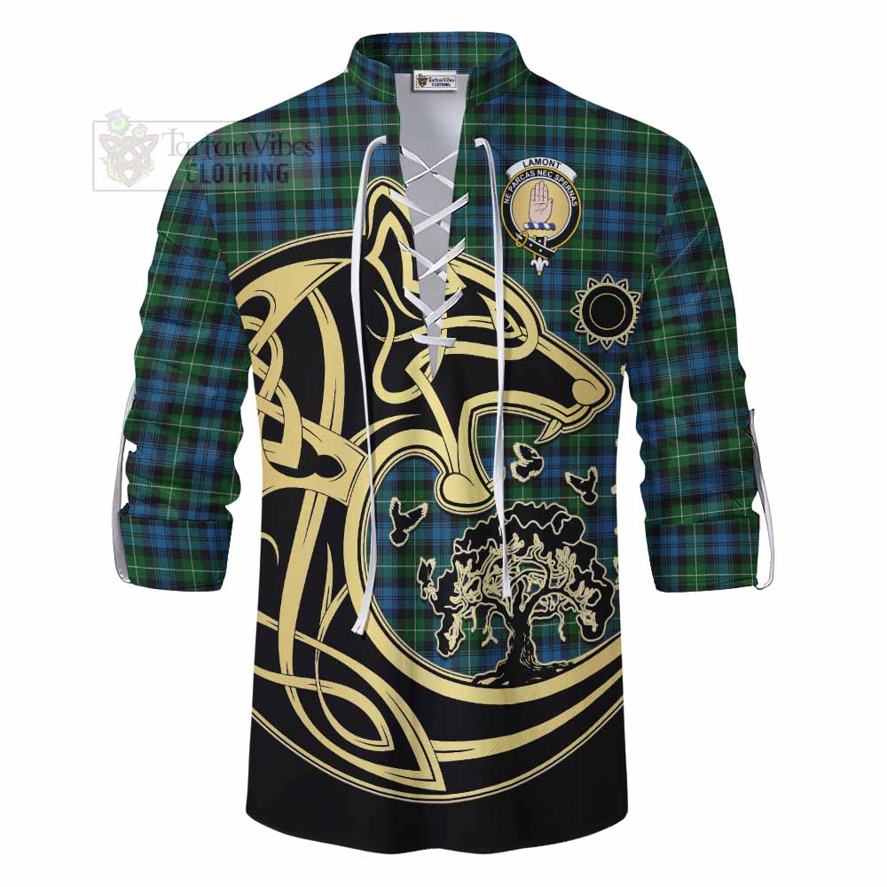 Tartan Vibes Clothing Lamont Tartan Ghillie Kilt Shirt with Family Crest Celtic Wolf Style
