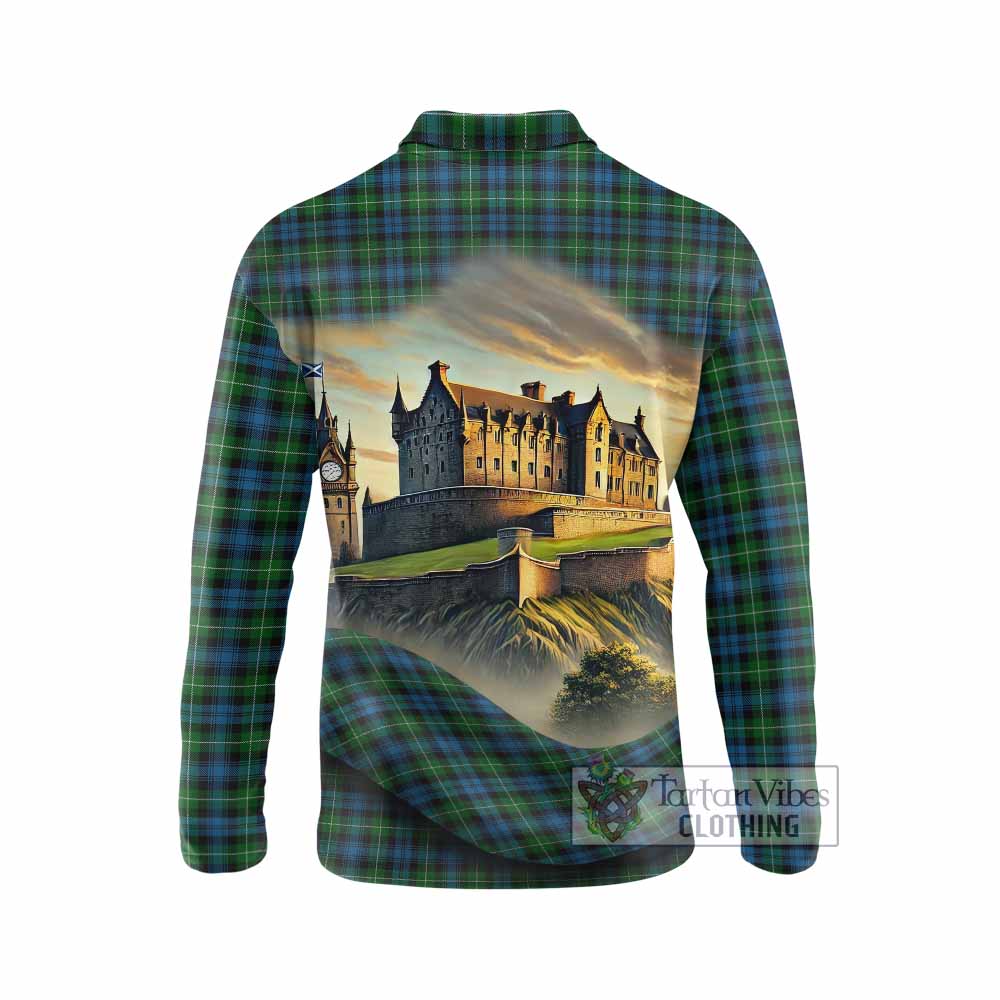 Tartan Vibes Clothing Lamont Tartan Family Crest Long Sleeve Polo Shirt with Scottish Ancient Castle Style