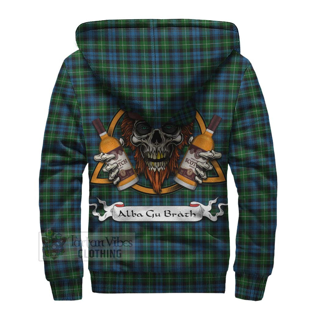 Tartan Vibes Clothing Lamont Tartan Sherpa Hoodie with Family Crest and Bearded Skull Holding Bottles of Whiskey