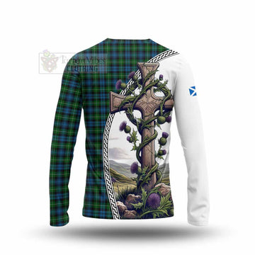 Tartan Vibes Clothing Lamont Tartan Long Sleeve T-Shirt with Family Crest and St. Andrew's Cross Accented by Thistle Vines