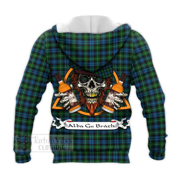 Tartan Vibes Clothing Lamont Tartan Knitted Hoodie with Family Crest and Bearded Skull Holding Bottles of Whiskey