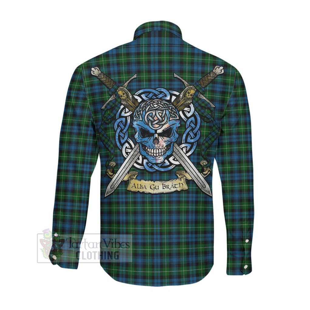 Tartan Vibes Clothing Lamont Tartan Long Sleeve Button Shirt with Family Crest Celtic Skull Style