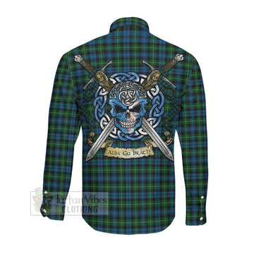 Tartan Vibes Clothing Lamont Tartan Long Sleeve Button Shirt with Family Crest Celtic Skull Style