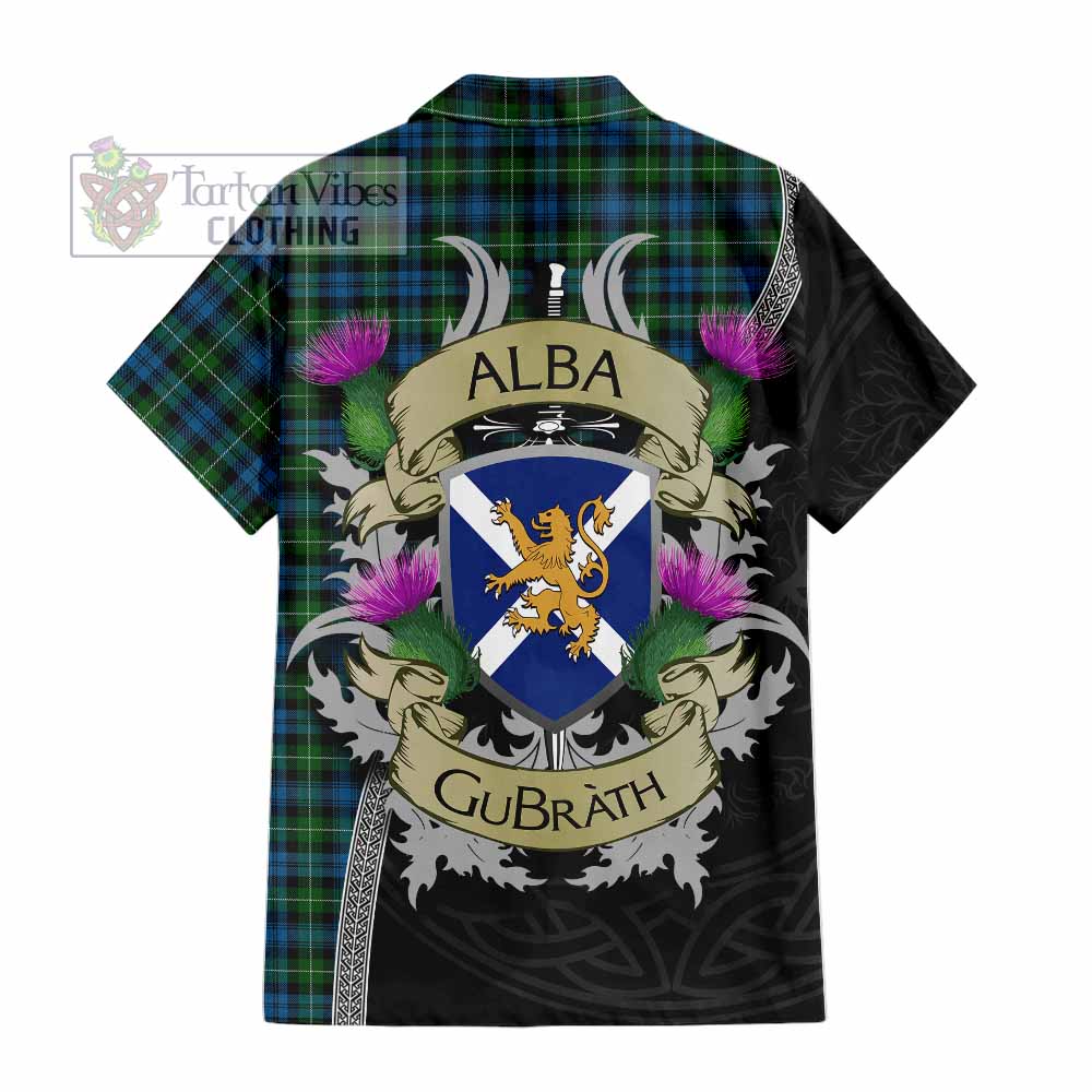 Tartan Vibes Clothing Lamont Tartan Family Crest Short Sleeve Button Shirt Lion Rampant Royal Thistle Shield Celtic Inspired