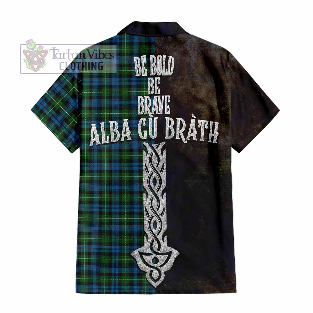 Tartan Vibes Clothing Lamont Tartan Family Crest Short Sleeve Button Shirt Alba Gu Brath Be Brave Lion Ancient Style