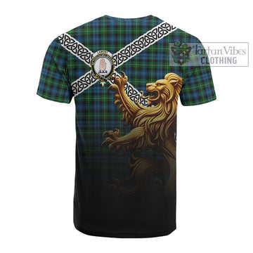 Lamont Crest Tartan Cotton T-shirt with Golden Lion Emblem Celtic Style