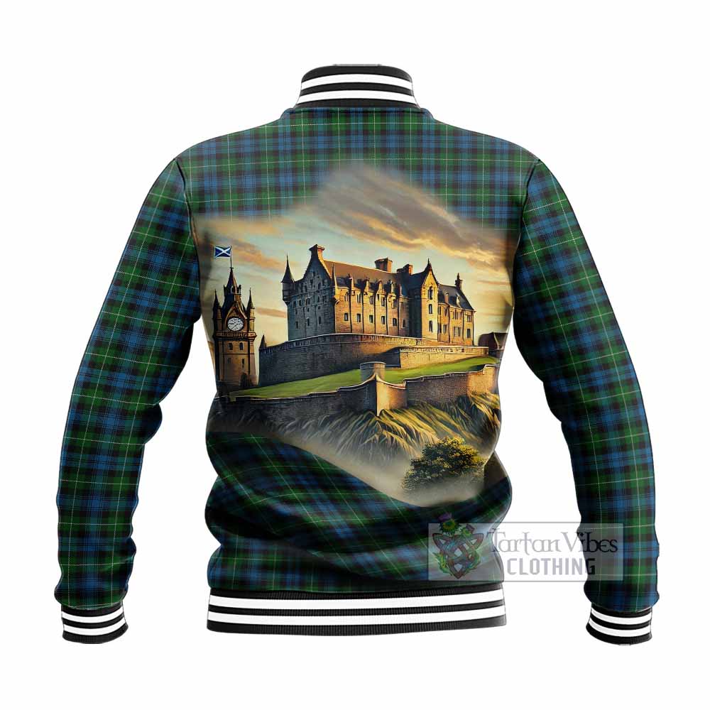 Tartan Vibes Clothing Lamont Tartan Family Crest Baseball Jacket with Scottish Ancient Castle Style