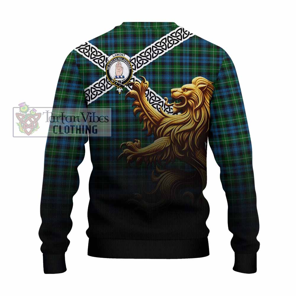 Tartan Vibes Clothing Lamont Crest Tartan Knitted Sweater with Golden Lion Emblem Celtic Style