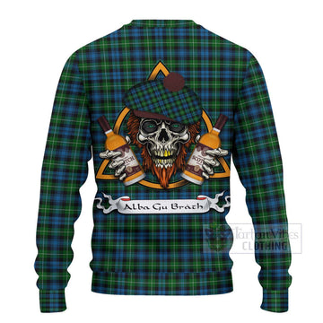 Tartan Vibes Clothing Lamont Tartan Knitted Sweater with Family Crest and Bearded Skull Holding Bottles of Whiskey