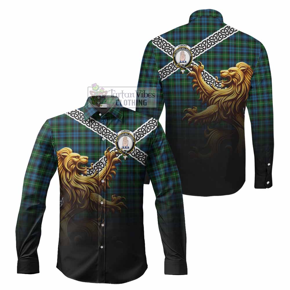 Tartan Vibes Clothing Lamont Crest Tartan Long Sleeve Button Shirt with Golden Lion Emblem Celtic Style