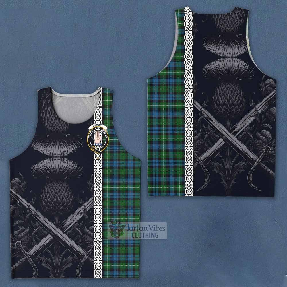Tartan Vibes Clothing Lamont Tartan Men's Tank Top with Family Crest Cross Sword Thistle Celtic Vibes