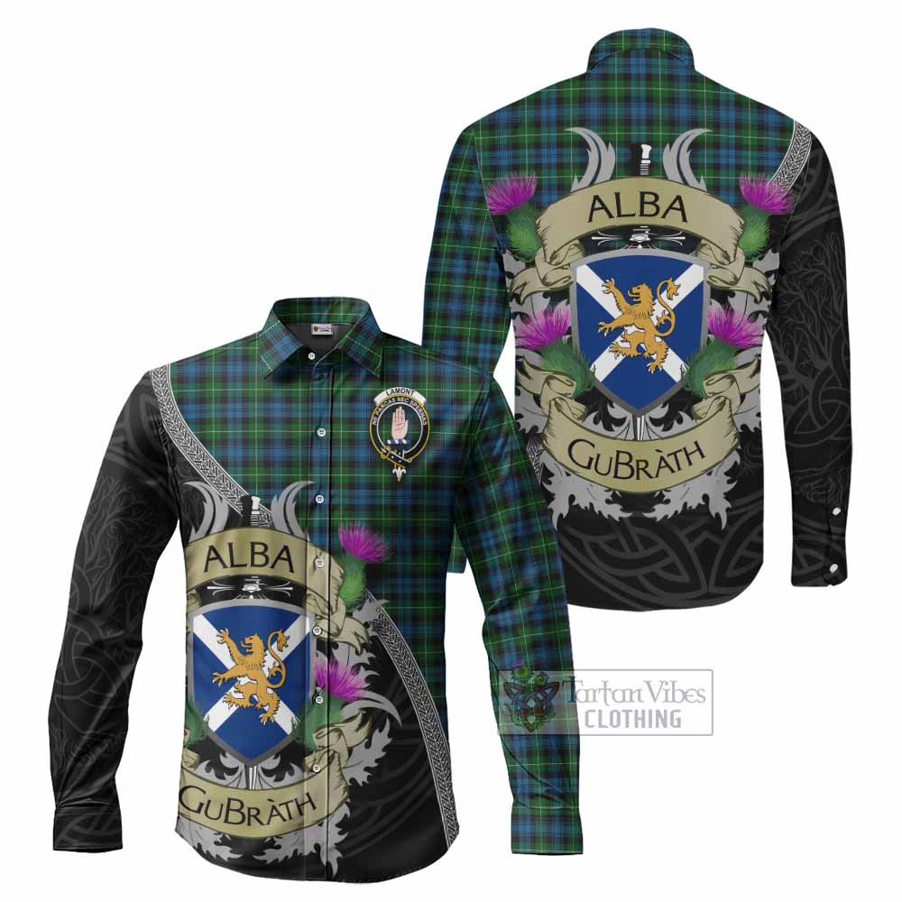 Tartan Vibes Clothing Lamont Tartan Family Crest Long Sleeve Button Shirt Lion Rampant Royal Thistle Shield Celtic Inspired