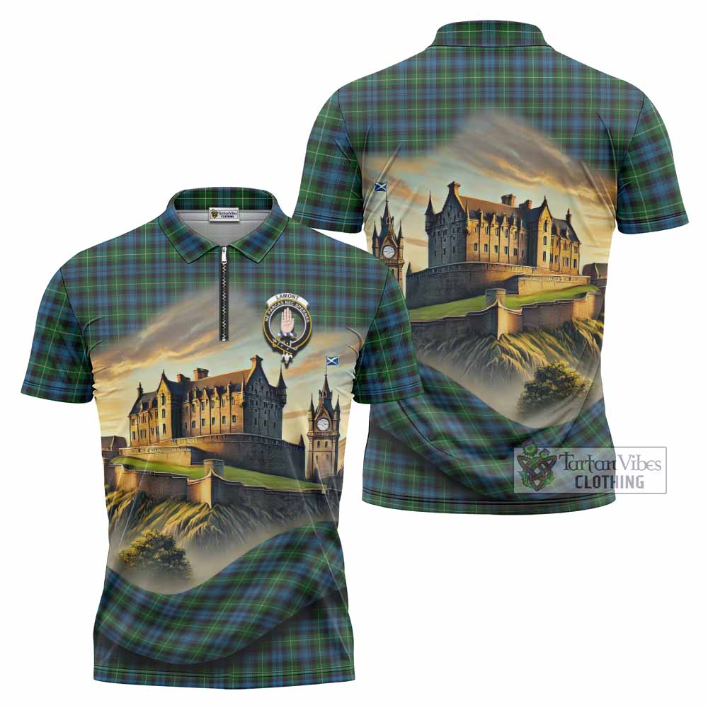 Tartan Vibes Clothing Lamont Tartan Family Crest Zipper Polo Shirt with Scottish Ancient Castle Stype