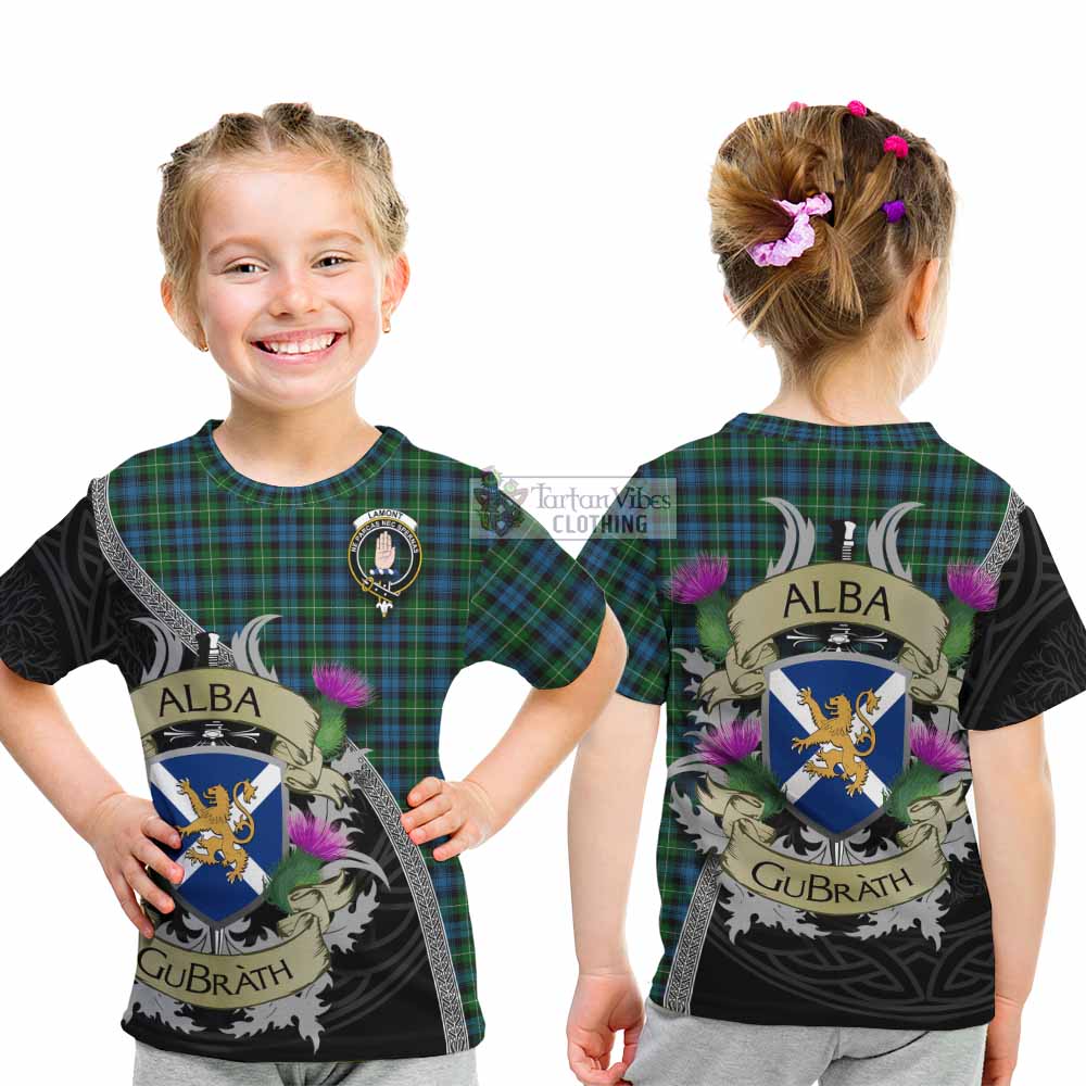 Tartan Vibes Clothing Lamont Tartan Family Crest Kid T-Shirt Lion Rampant Royal Thistle Shield Celtic Inspired