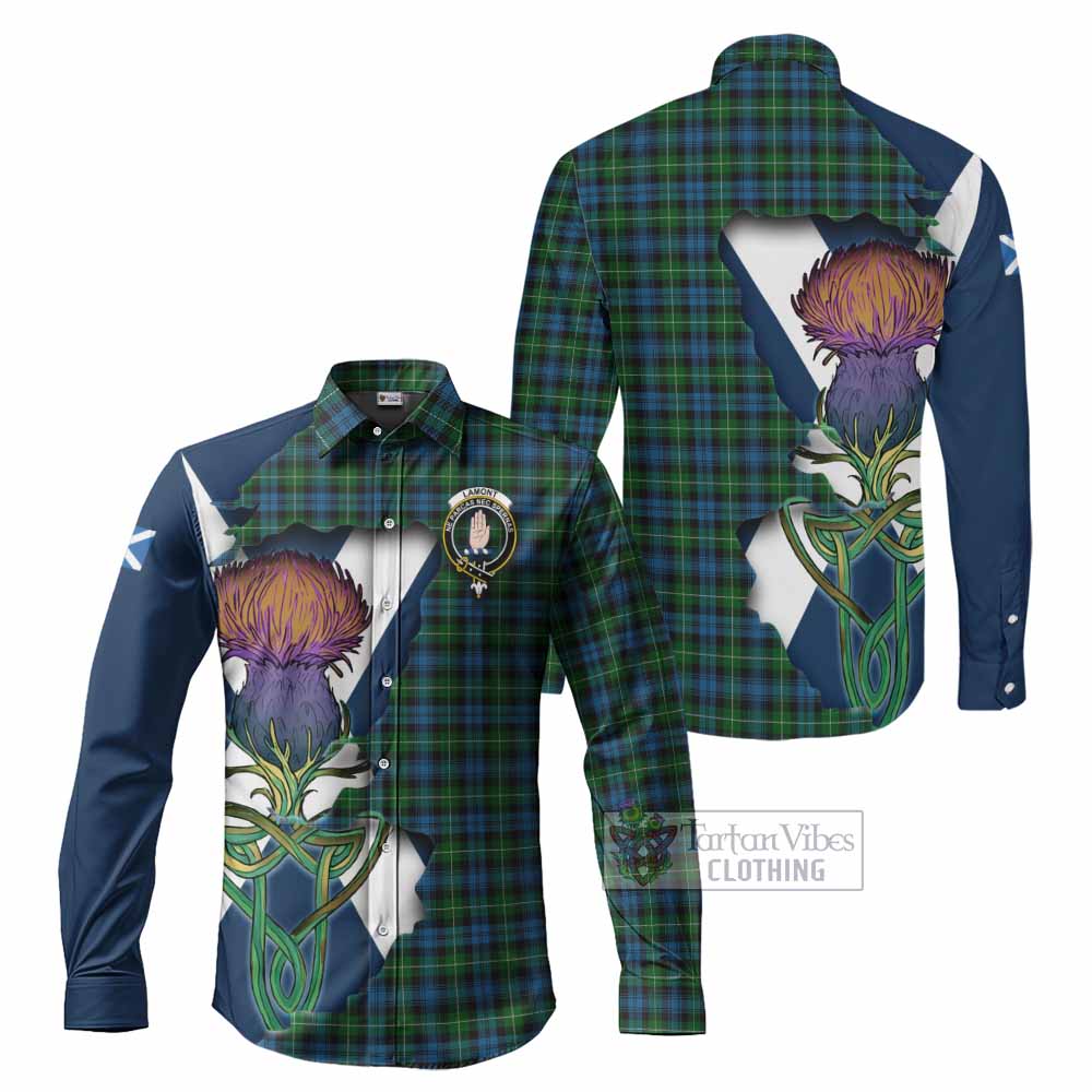 Tartan Vibes Clothing Lamont Tartan Family Crest Long Sleeve Button Shirt Scottish Thistle Celtic Inspired