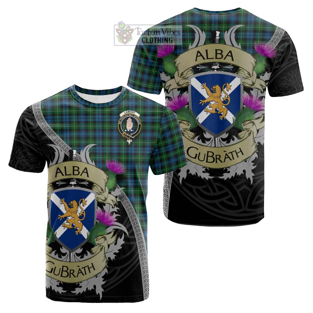 Tartan Vibes Clothing Lamont Tartan Family Crest Cotton T-shirt Lion Rampant Royal Thistle Shield Celtic Inspired
