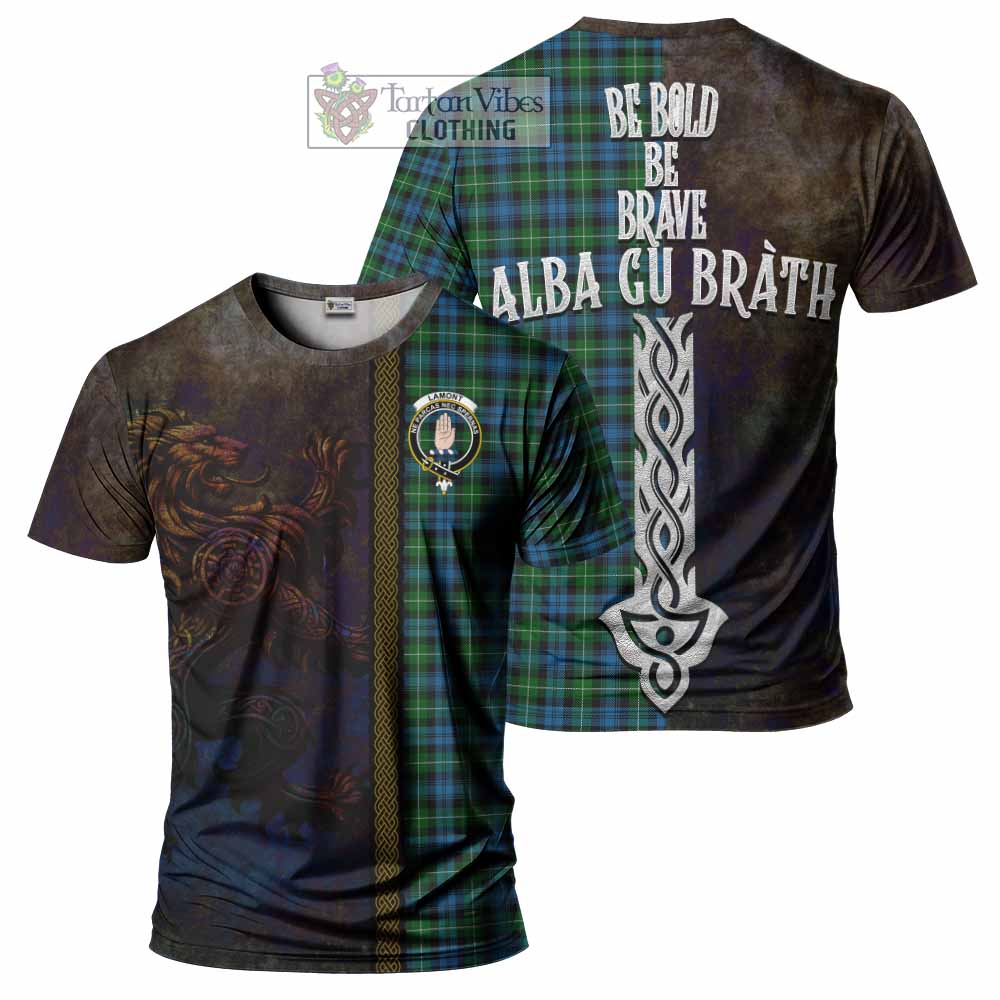 Tartan Vibes Clothing Lamont Tartan Family Crest T-Shirt Alba Gu Brath Be Brave Lion Ancient Style