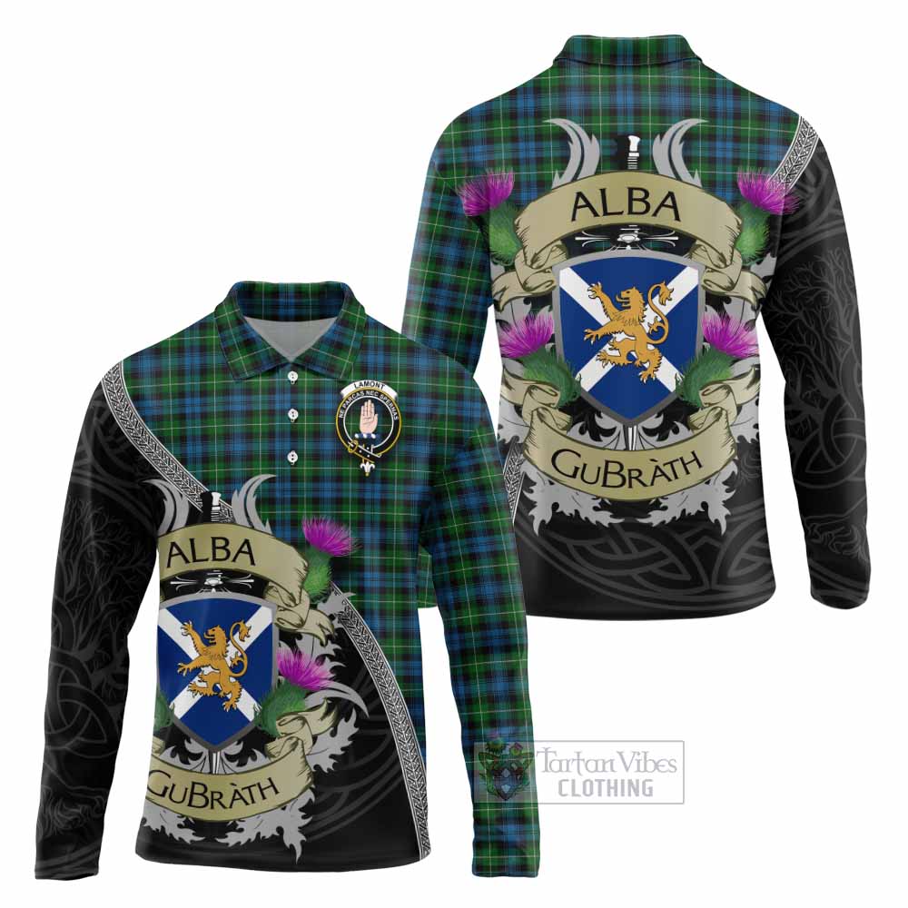 Tartan Vibes Clothing Lamont Tartan Family Crest Long Sleeve Polo Shirt Lion Rampant Royal Thistle Shield Celtic Inspired