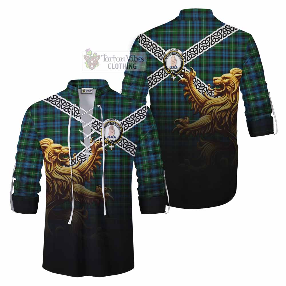 Tartan Vibes Clothing Lamont Crest Tartan Ghillie Kilt Shirt with Golden Lion Emblem Celtic Style