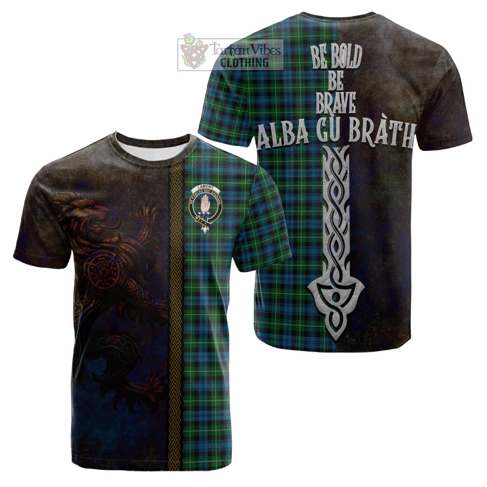 Tartan Vibes Clothing Lamont Tartan Family Crest Cotton T-shirt Alba Gu Brath Be Brave Lion Ancient Style