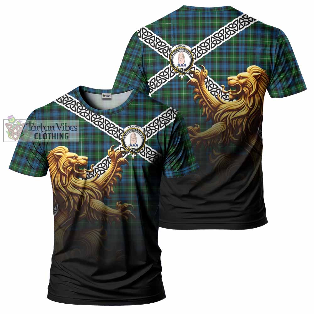 Tartan Vibes Clothing Lamont Crest Tartan T-Shirt with Golden Lion Emblem Celtic Style