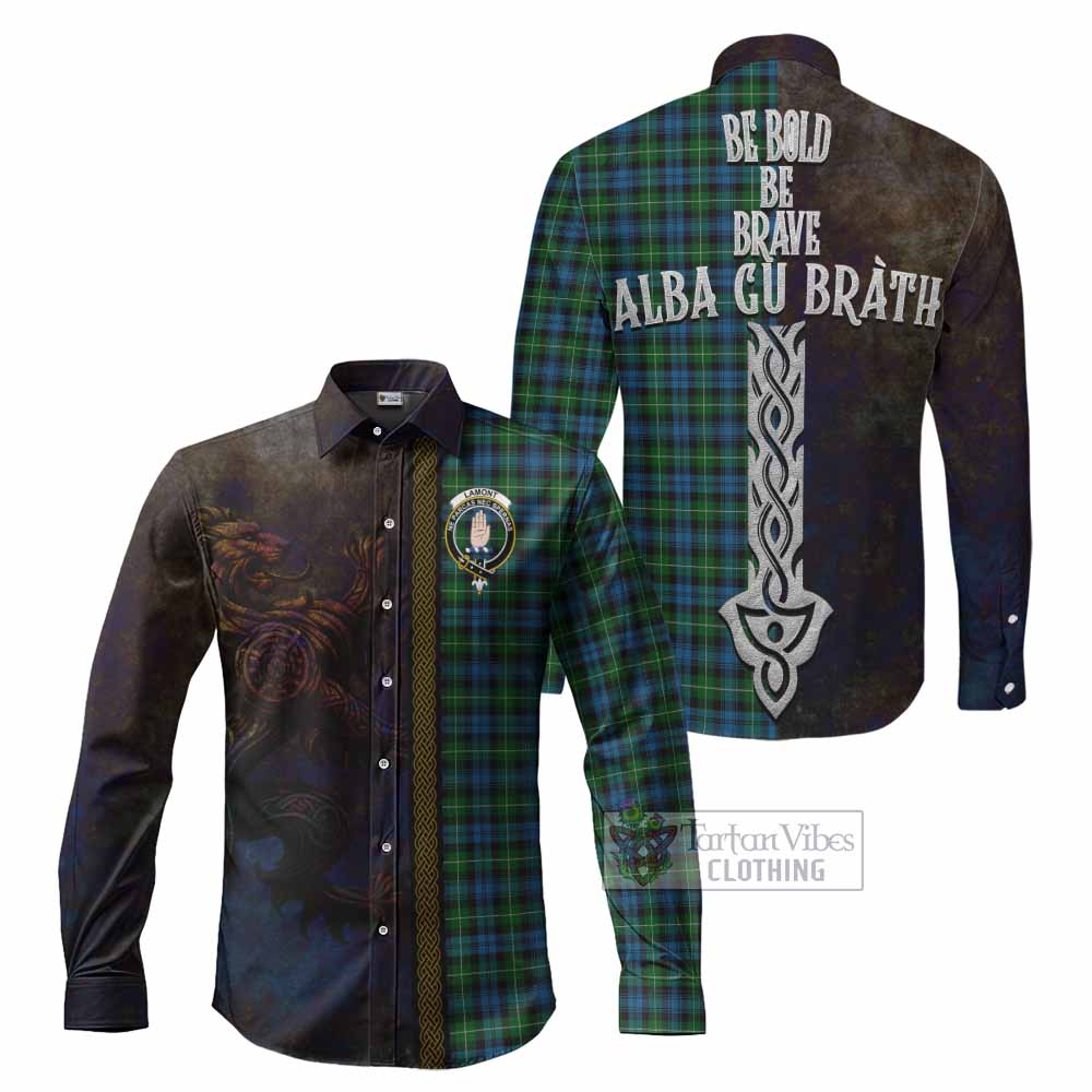 Tartan Vibes Clothing Lamont Tartan Family Crest Long Sleeve Button Shirt Alba Gu Brath Be Brave Lion Ancient Style