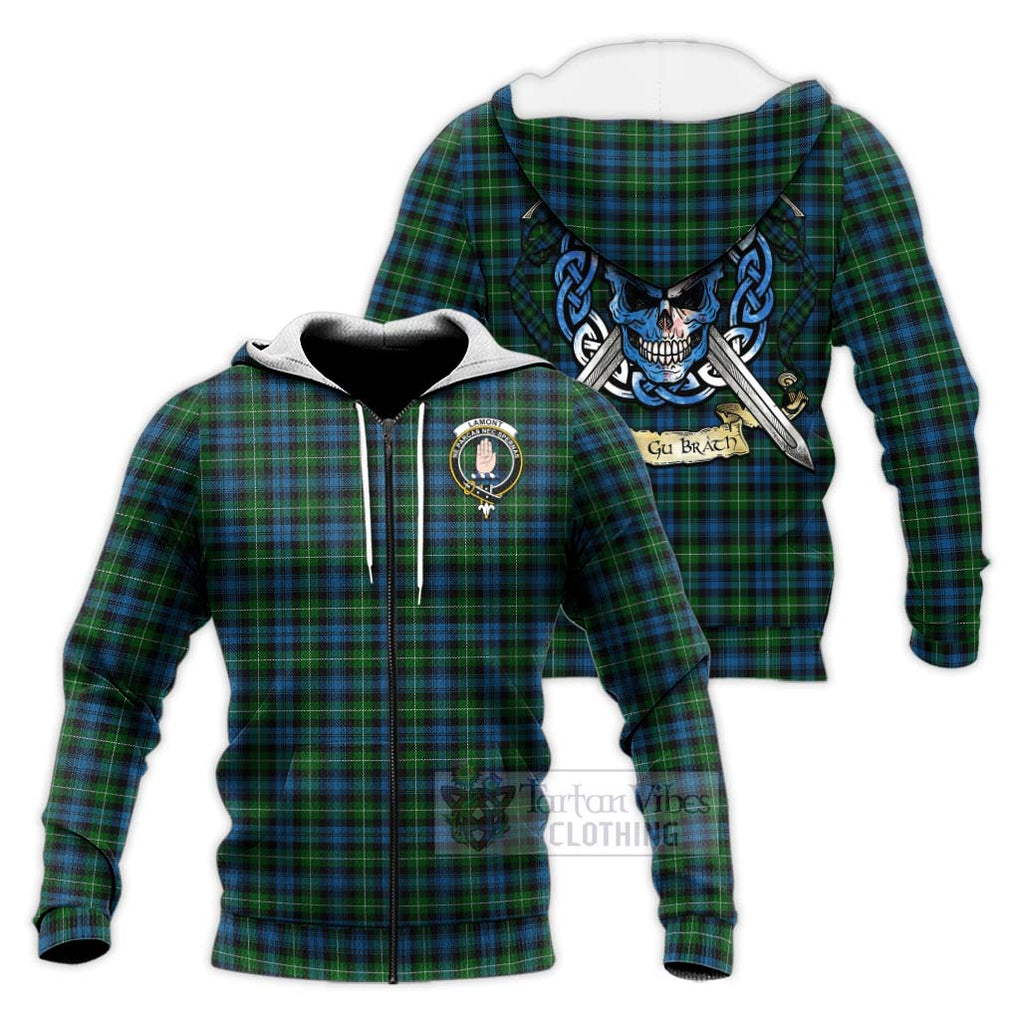 Tartan Vibes Clothing Lamont Tartan Knitted Hoodie with Family Crest Celtic Skull Style