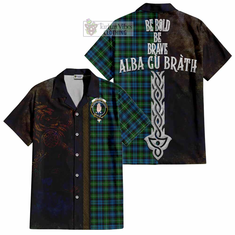 Tartan Vibes Clothing Lamont Tartan Family Crest Short Sleeve Button Shirt Alba Gu Brath Be Brave Lion Ancient Style