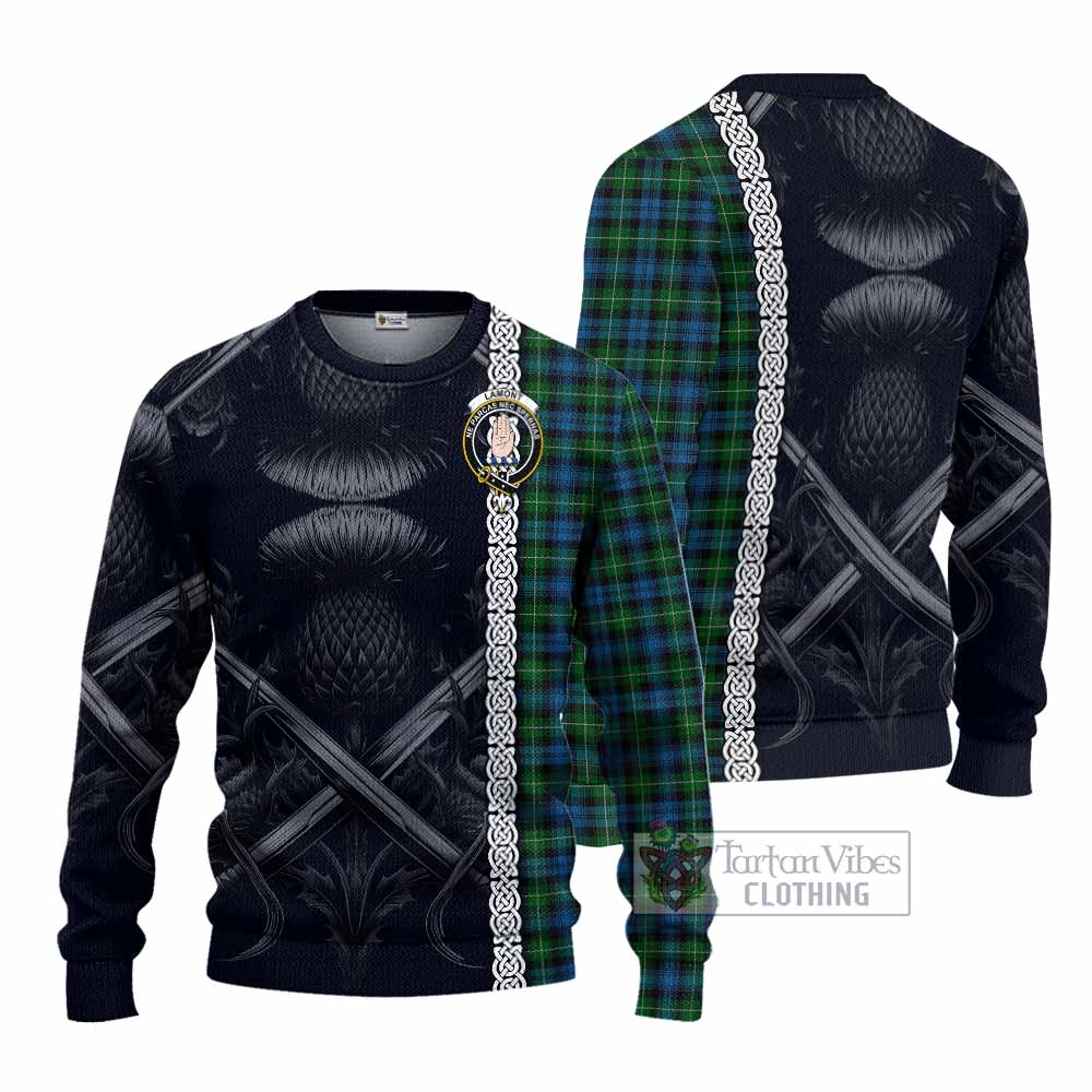 Tartan Vibes Clothing Lamont Tartan Knitted Sweater with Family Crest Cross Sword Thistle Celtic Vibes
