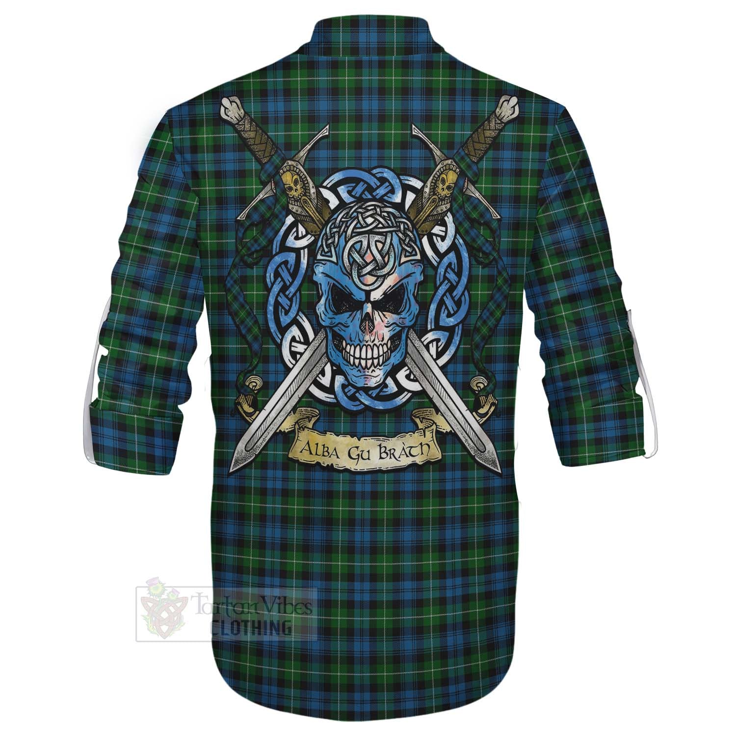 Tartan Vibes Clothing Lamont Tartan Ghillie Kilt Shirt with Family Crest Celtic Skull Style