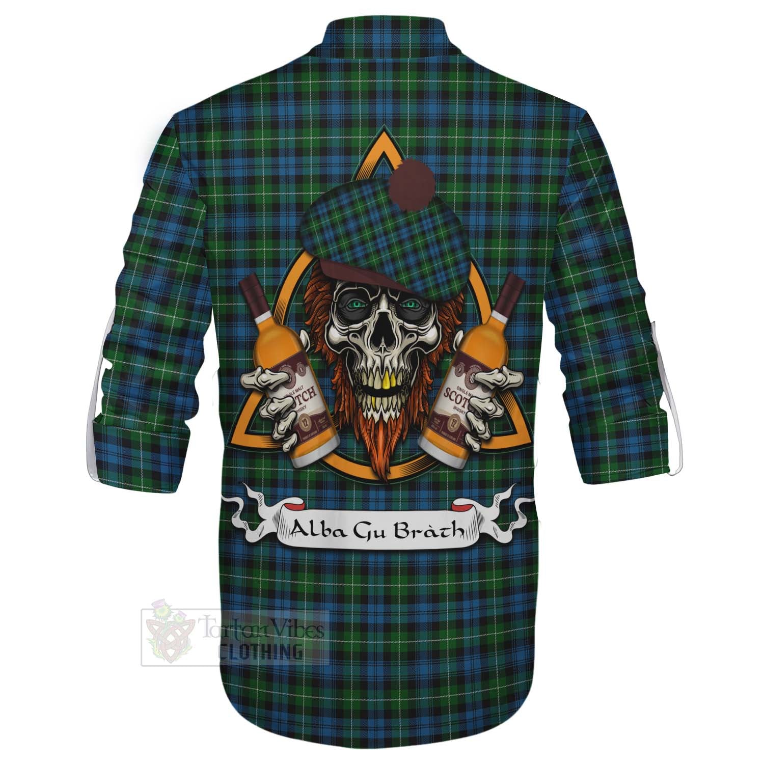 Tartan Vibes Clothing Lamont Tartan Ghillie Kilt Shirt with Family Crest and Bearded Skull Holding Bottles of Whiskey