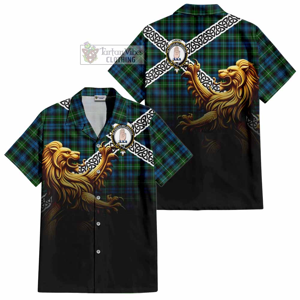 Tartan Vibes Clothing Lamont Crest Tartan Short Sleeve Button Shirt with Golden Lion Emblem Celtic Style