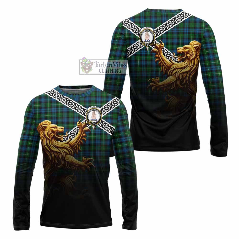 Tartan Vibes Clothing Lamont Crest Tartan Long Sleeve T-Shirt with Golden Lion Emblem Celtic Style