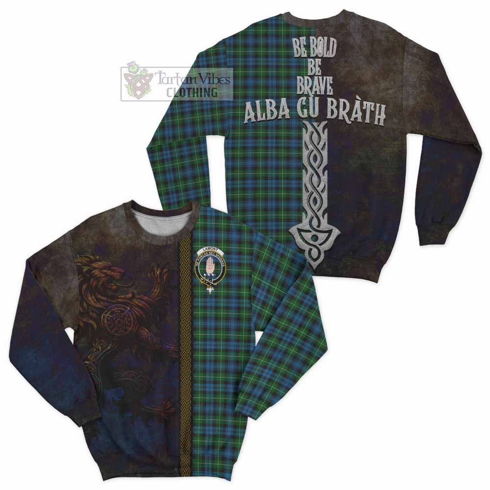 Tartan Vibes Clothing Lamont Tartan Family Crest Sweatshirt Alba Gu Brath Be Brave Lion Ancient Style
