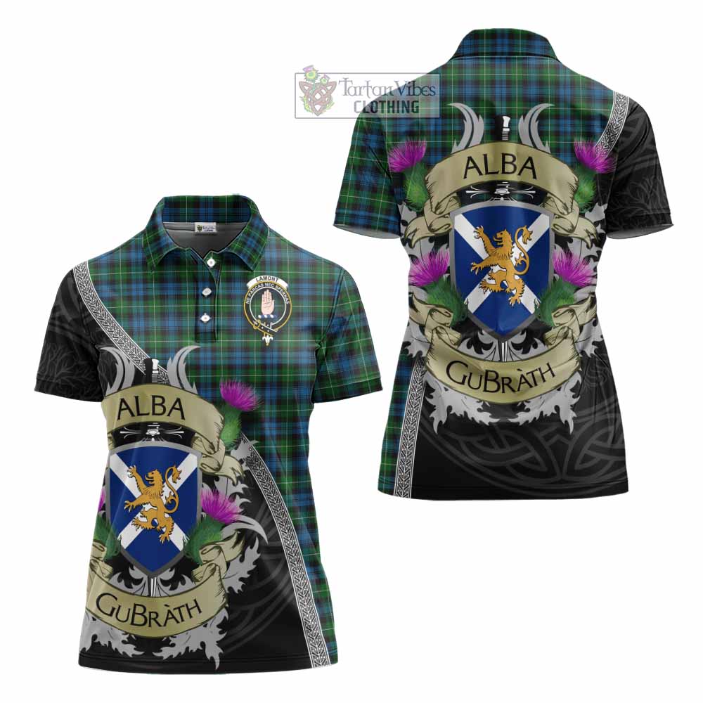 Tartan Vibes Clothing Lamont Tartan Family Crest Women's Polo Shirt Lion Rampant Royal Thistle Shield Celtic Inspired