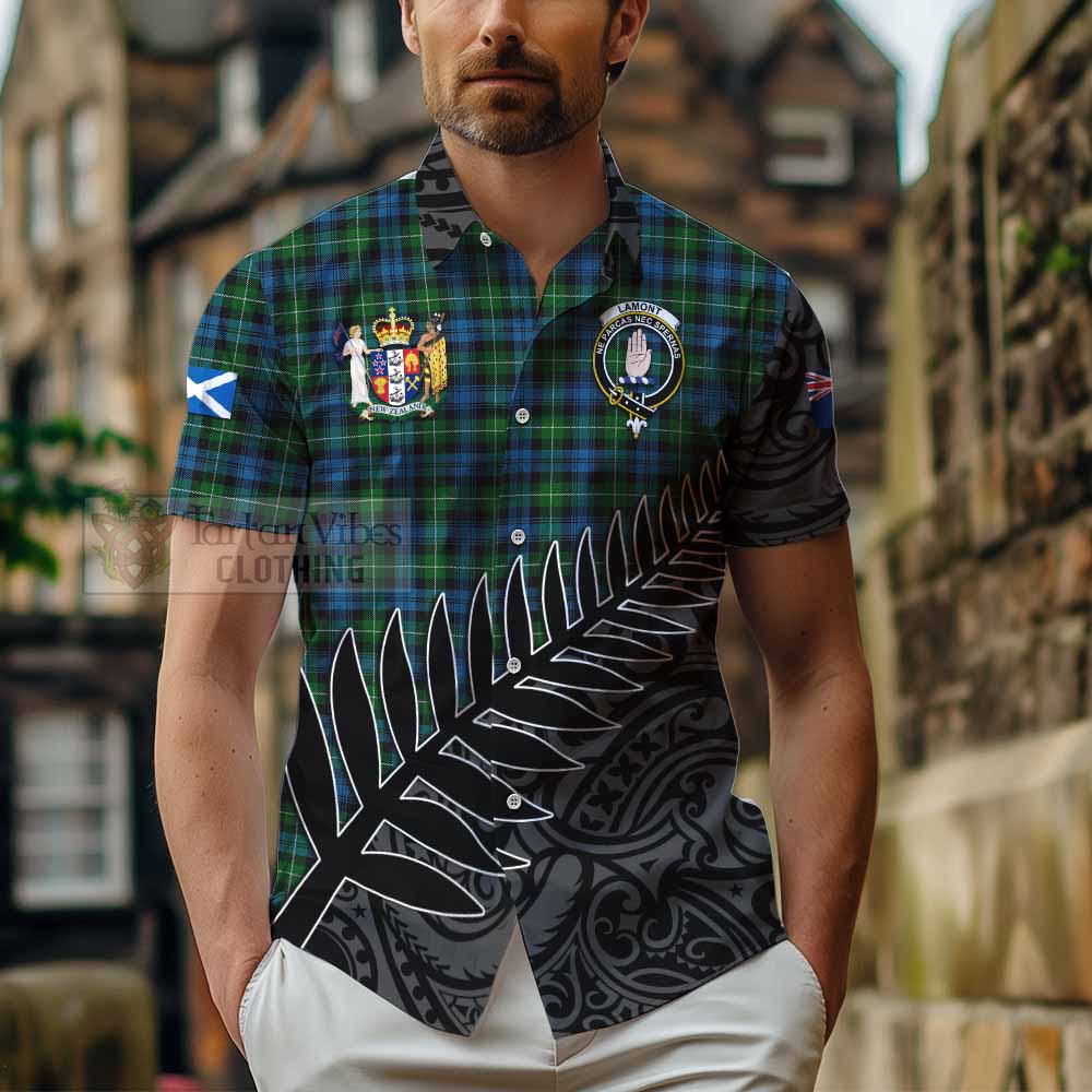 Tartan Vibes Clothing Lamont Crest Tartan Short Sleeve Button Shirt with New Zealand Silver Fern Half Style