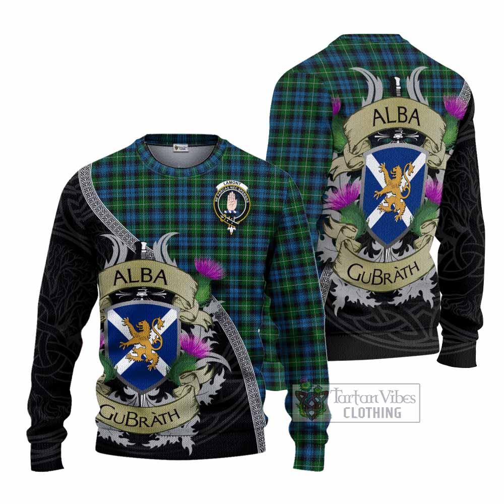 Tartan Vibes Clothing Lamont Tartan Family Crest Knitted Sweater Lion Rampant Royal Thistle Shield Celtic Inspired