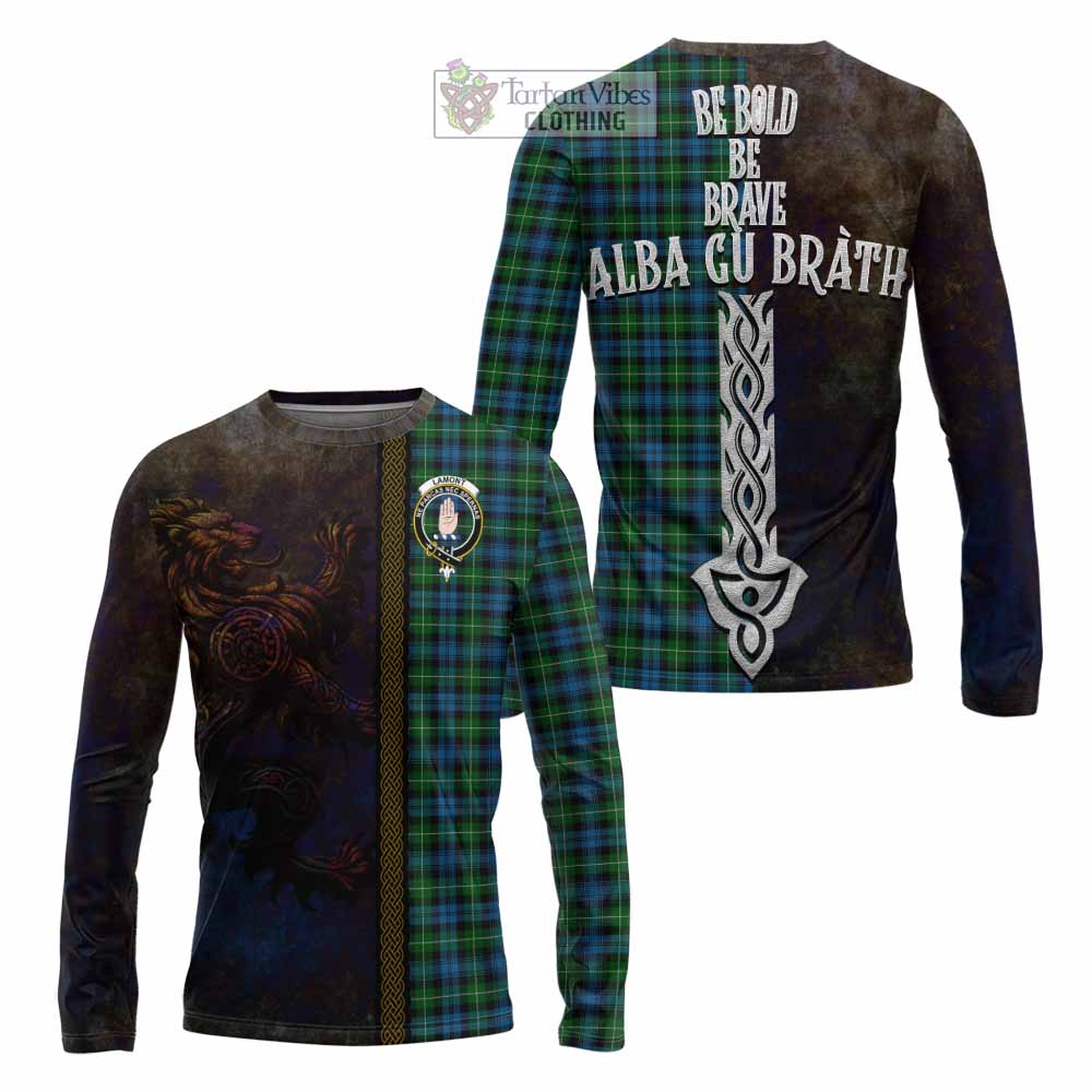 Tartan Vibes Clothing Lamont Tartan Family Crest Long Sleeve T-Shirt Alba Gu Brath Be Brave Lion Ancient Style