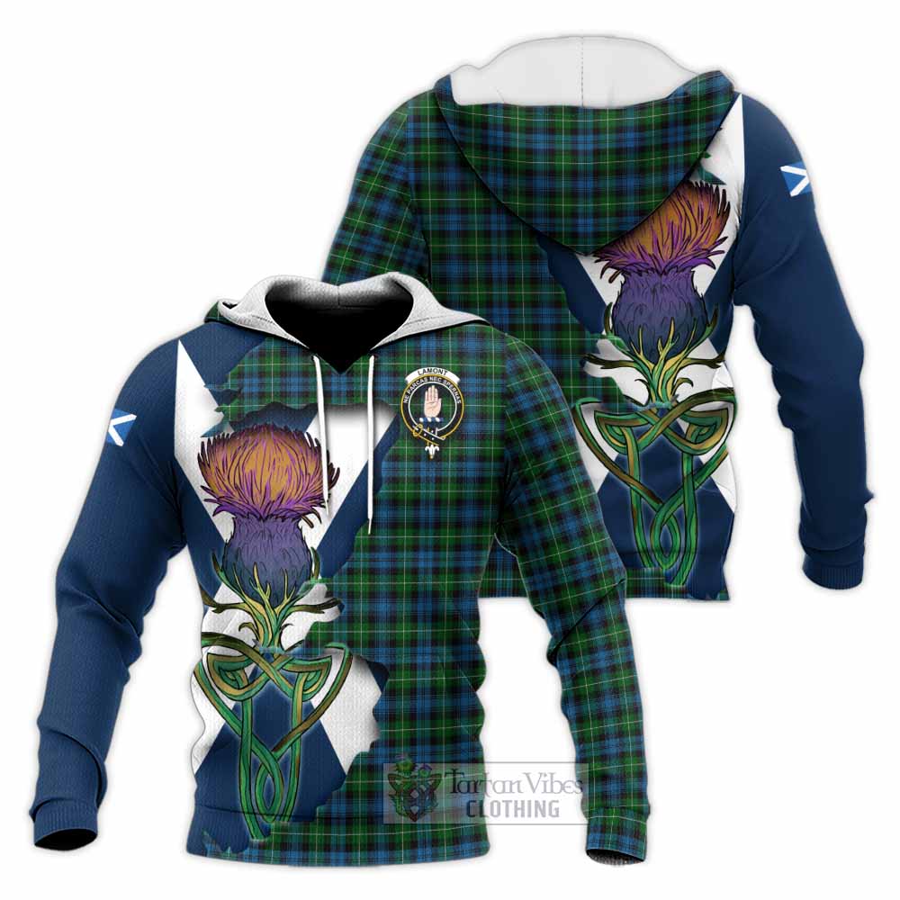 Tartan Vibes Clothing Lamont Tartan Family Crest Knitted Hoodie Scottish Thistle Celtic Inspired